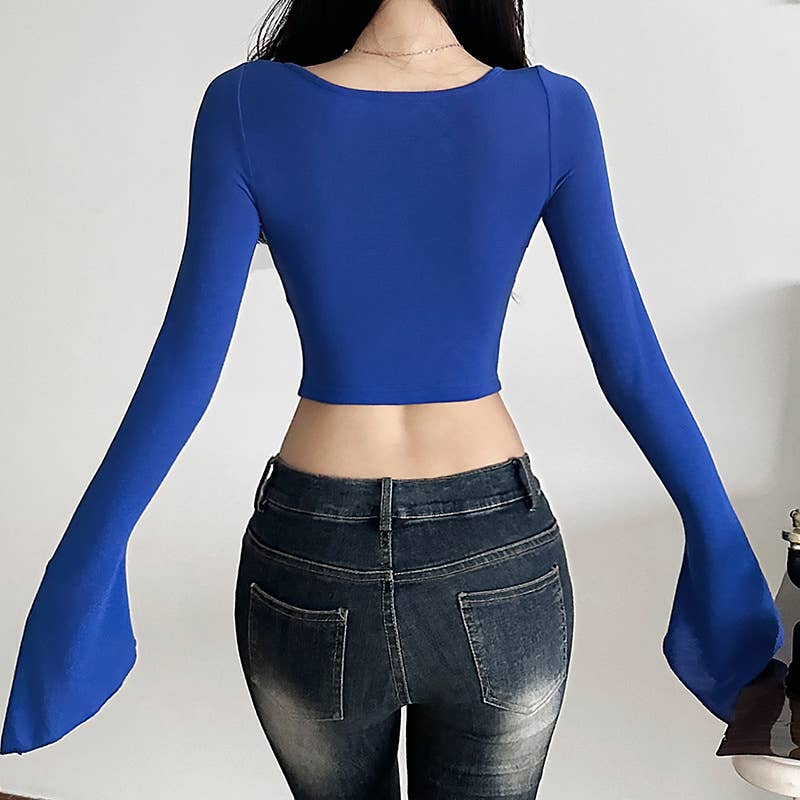 CROP SLEEVES DRAWSTRING PLEATS SOLID COLOR BLOUSE