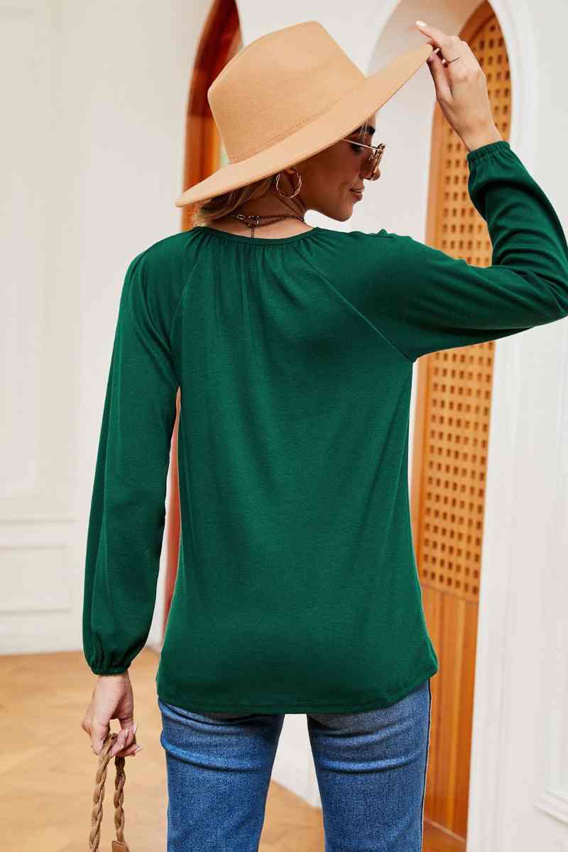 CWTBLL2840_CASUAL SOLID COLOR PLEATED LONG SLEEVE TOP