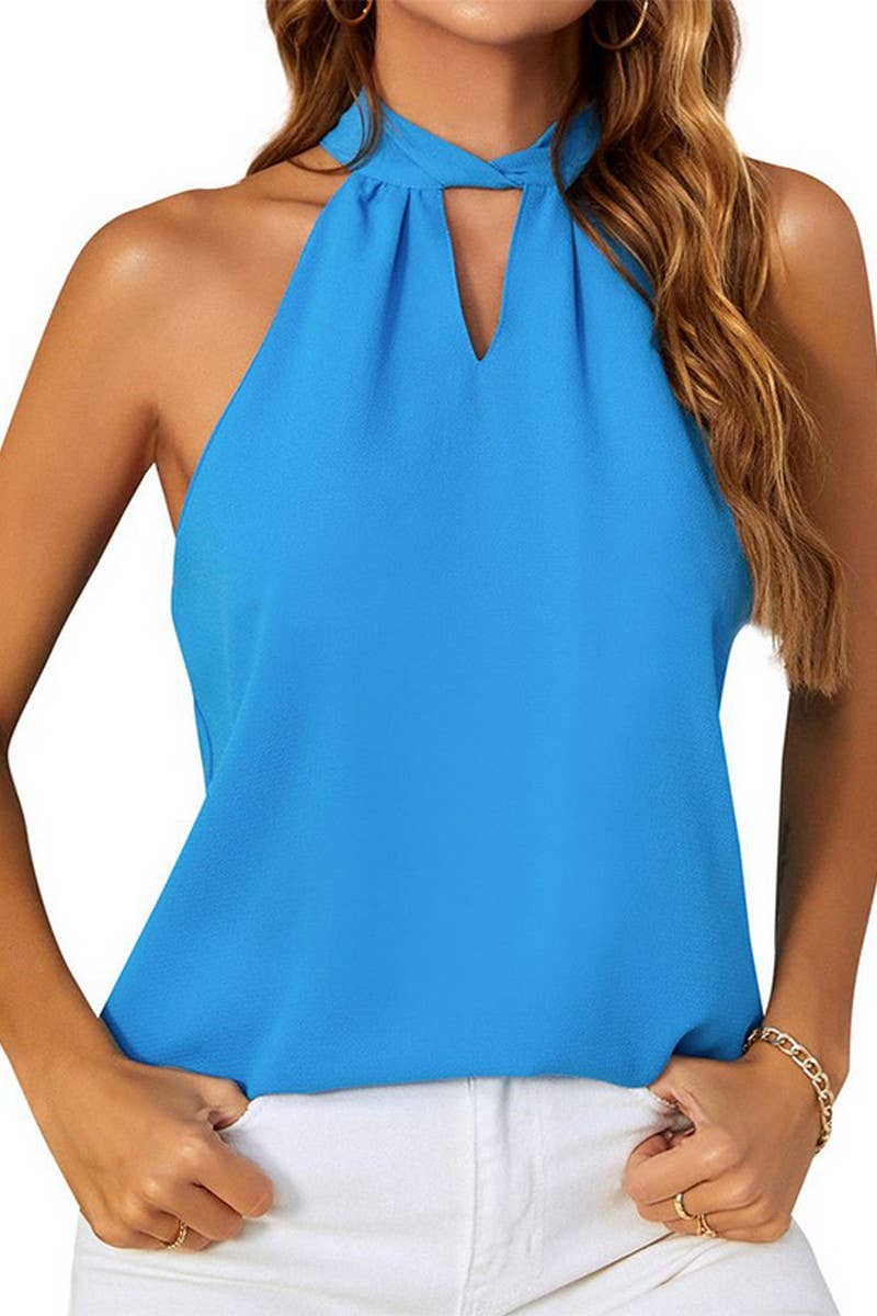 CWTBLSL0587_SOLID COLOR CHIFFON HALTERNECK PULLOVER VEST