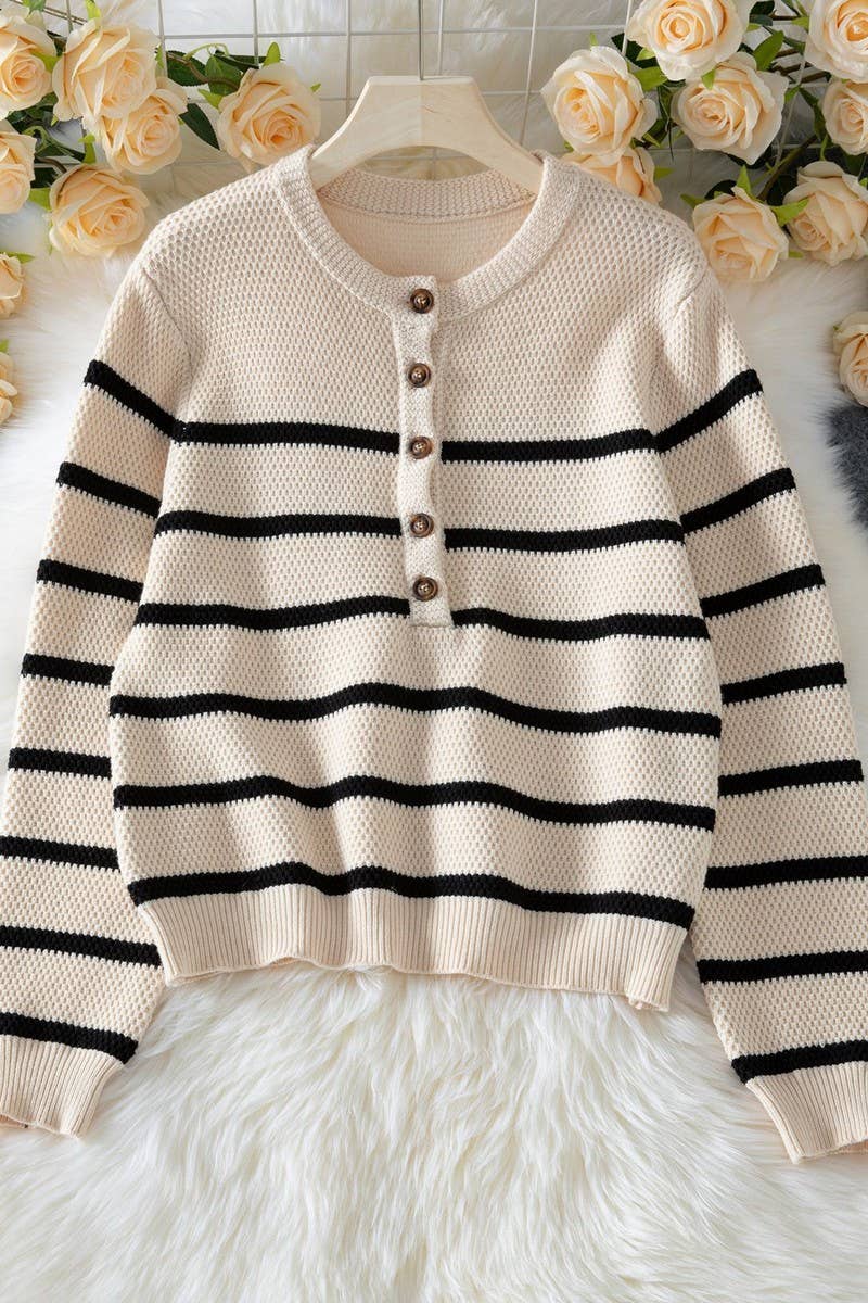 CWOSWL6961_STRIPED PULLOVER BUTTON-DOWN KNITTED SWEATER