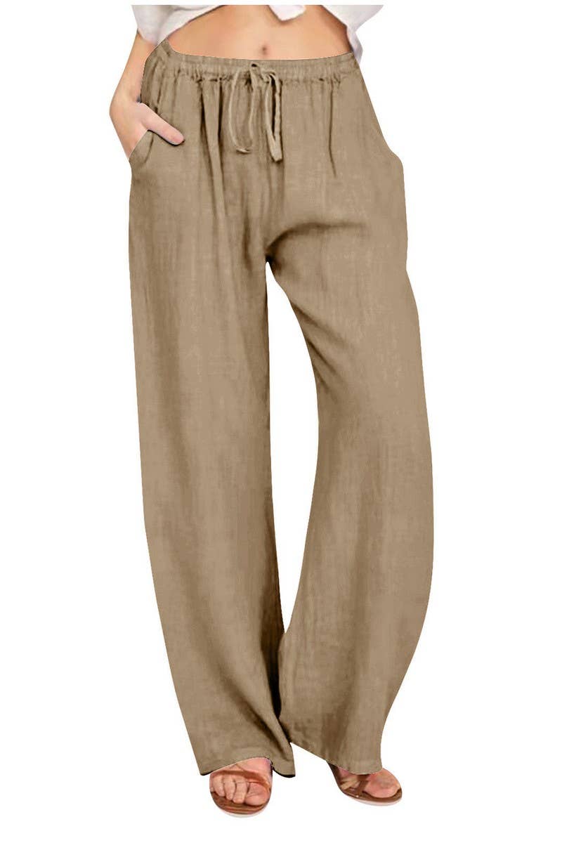 CWBLP2030_CASUAL ELASTIC WAIST TIE LOOSE SOLID PANTS