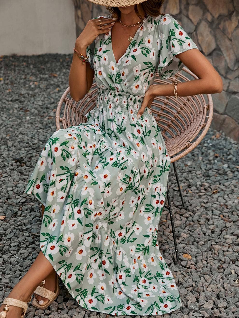 Fashion V-neck style waistline swing long dress