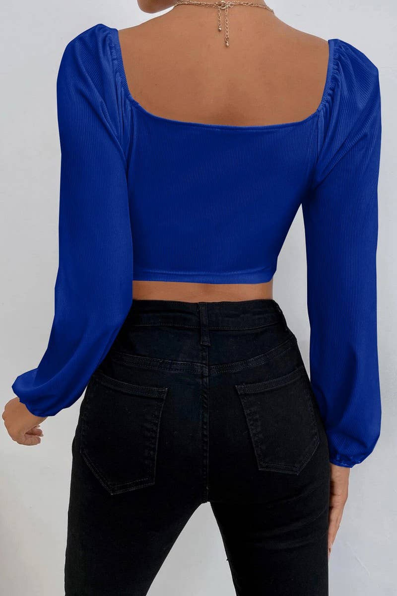 CWTBLL2226_SQUARE NECK LANTERN SLEEVES SHORT SOLID COLOR TOP