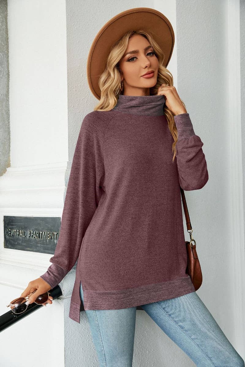 CWOSWL6537_HIGH-NECK CONTRASTING COLOR LONGSLEEVED SPLIT TOP