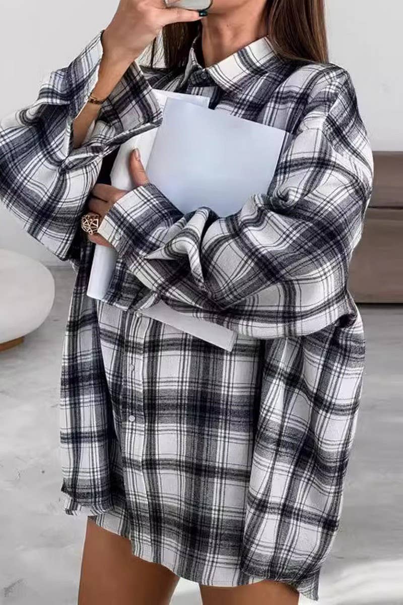 CWTBLL00617_RETRO BLACK AND WHITE PLAID LONG-SLEEVED SHIRT