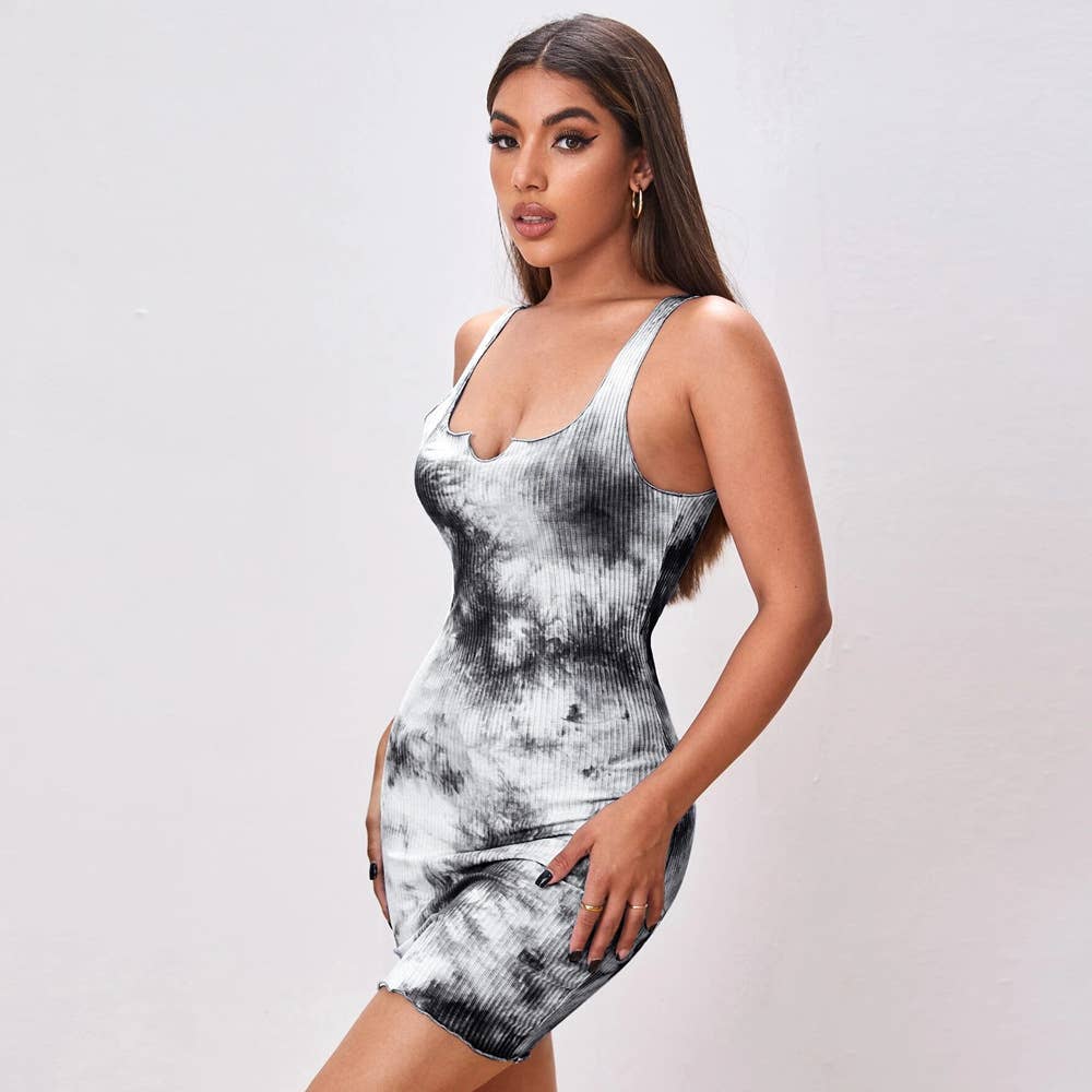 Form-fitting tie-dyed printed body-hugging dress