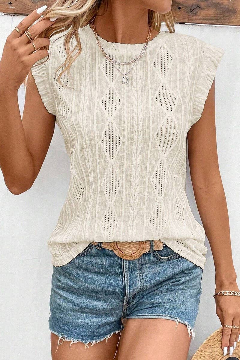 CWTBLS1615_ROUND NECK JACQUARD LOOSE T-SHIRT VEST