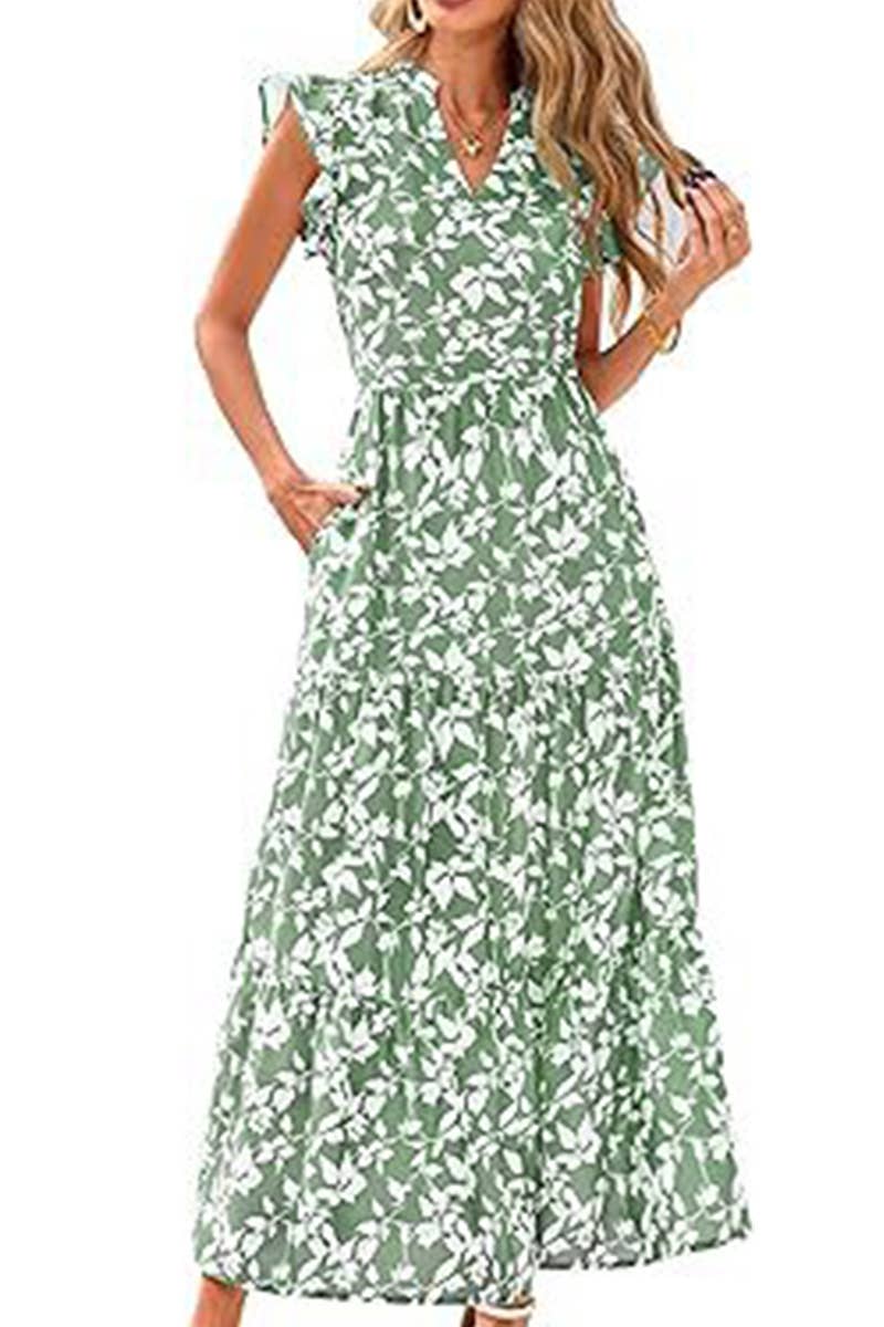 CWDMD6342_V-NECK PLEATED FLYING SLEEVES PRINTED MIDI DRESS