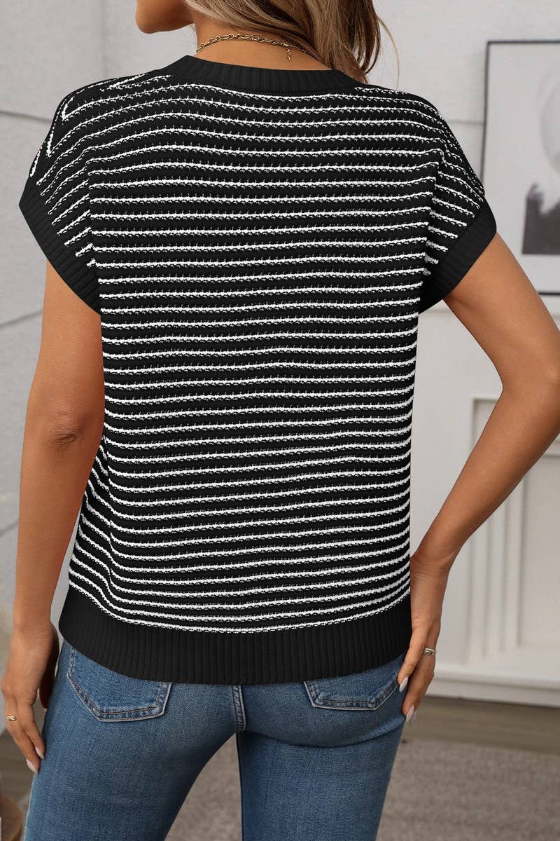 CWOSWS0130_ROUND NECK SHORT SLEEVE STRIPED CONTRAST KNIT TOP