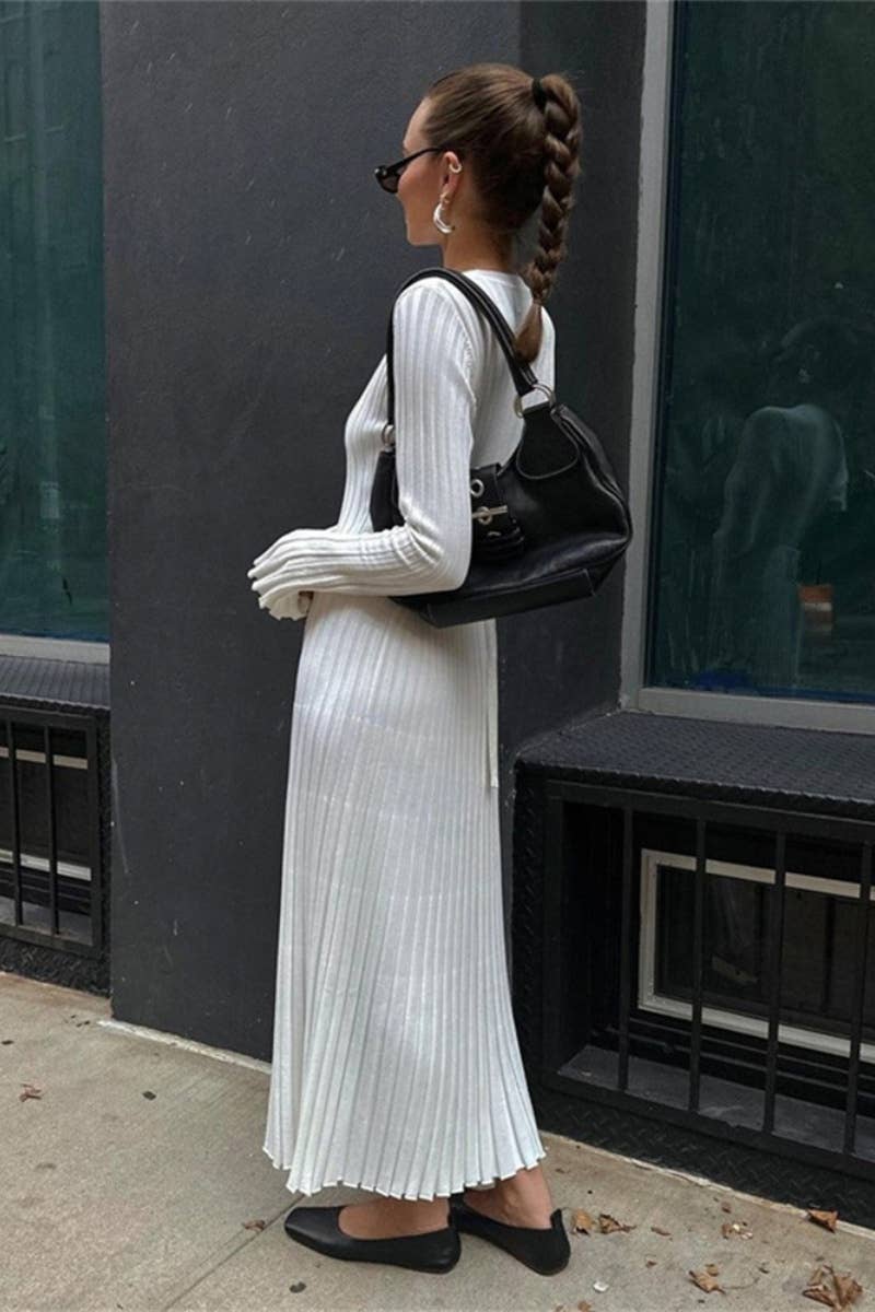 CWDMD3751_SOLID COLOR SLIM LONG-SLEEVED SWEATER DRESS LONG