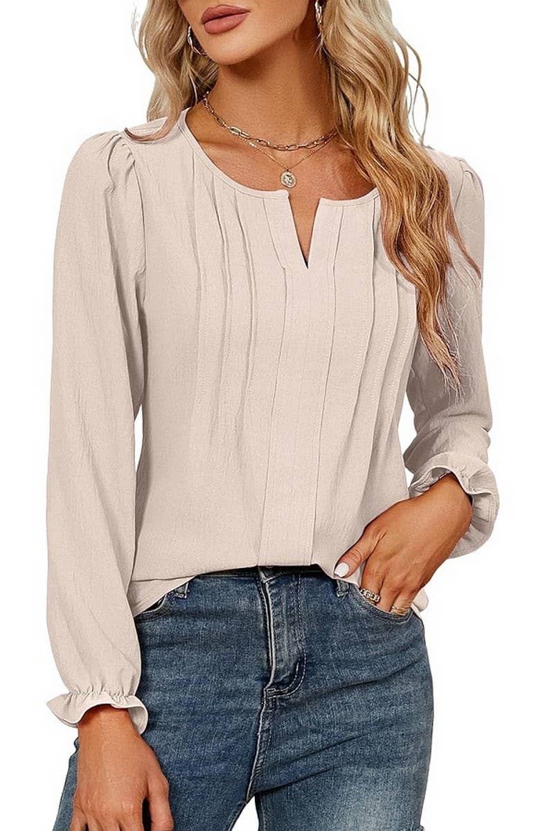 CWTBLL4004_SOLID V-NECK LONG SLEEVE PLEATED CHIFFON BLOUSE