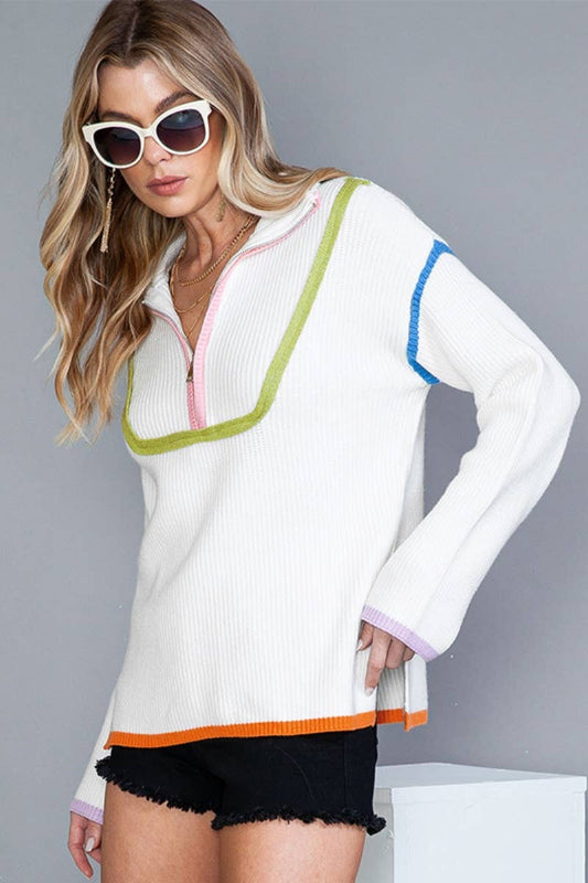 CWOSWL6701_LOOSE ZIPPER COLOR CONTRAST LONG-SLEEVED TOP