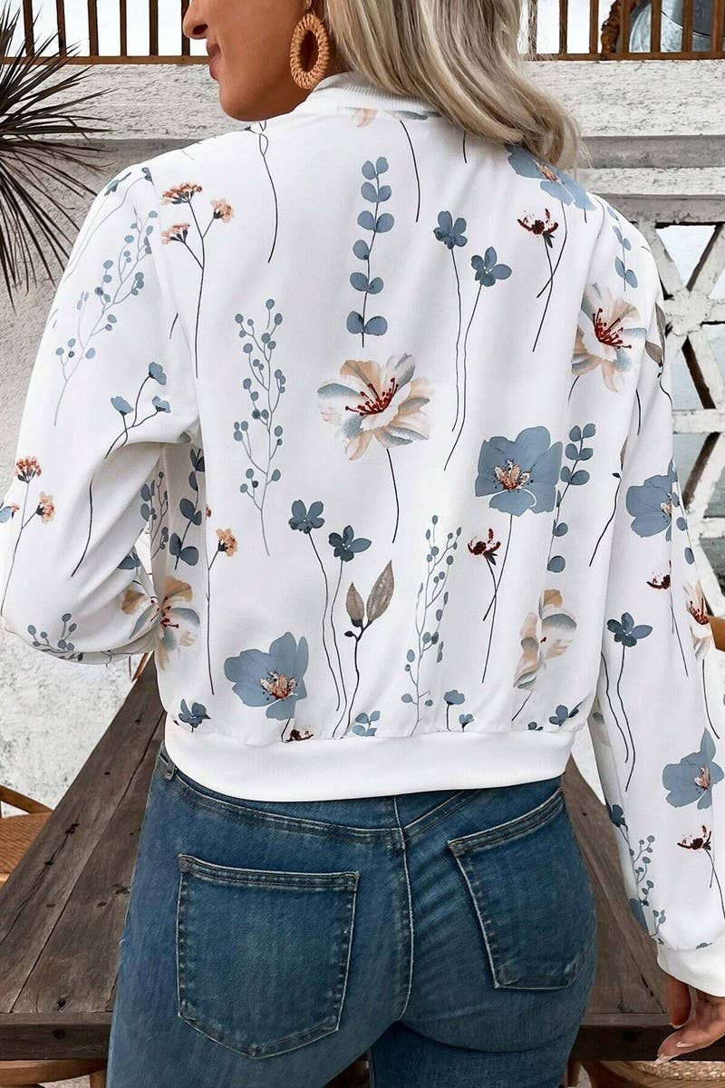 CWOCO1135_FLORAL PRINT LONG SLEEVE CROPPED ZIP-UP JACKET