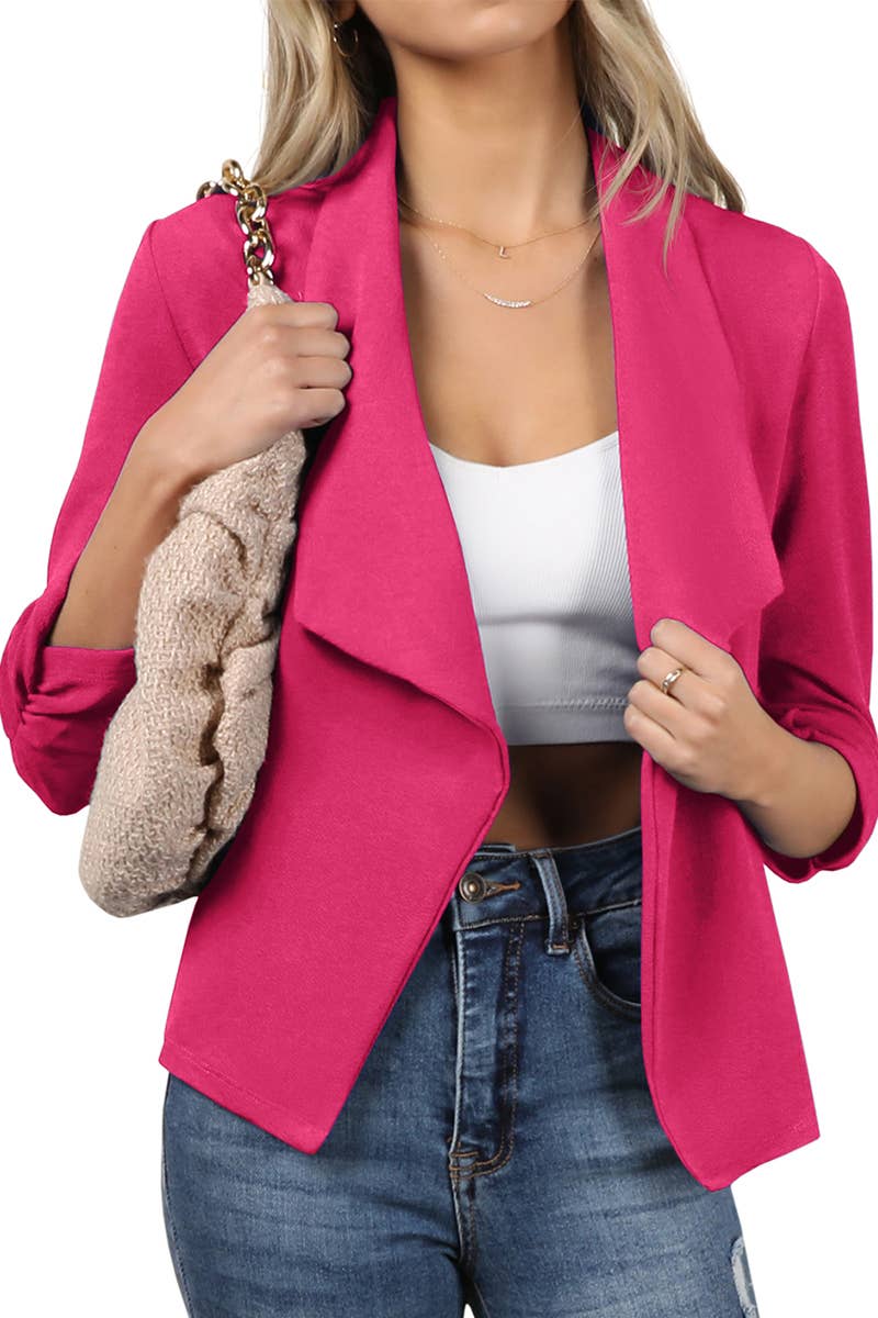 CWOBL091_Casual Work Ruched 3/4 Slv Open Front Blazer Jacket