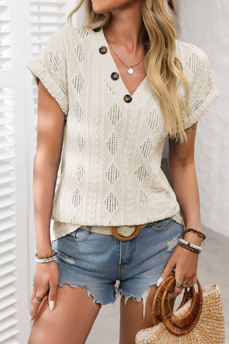 CWTBLS1618_SOLID COLOR V-NECK SHORT SLEEVE BUTTON TOP