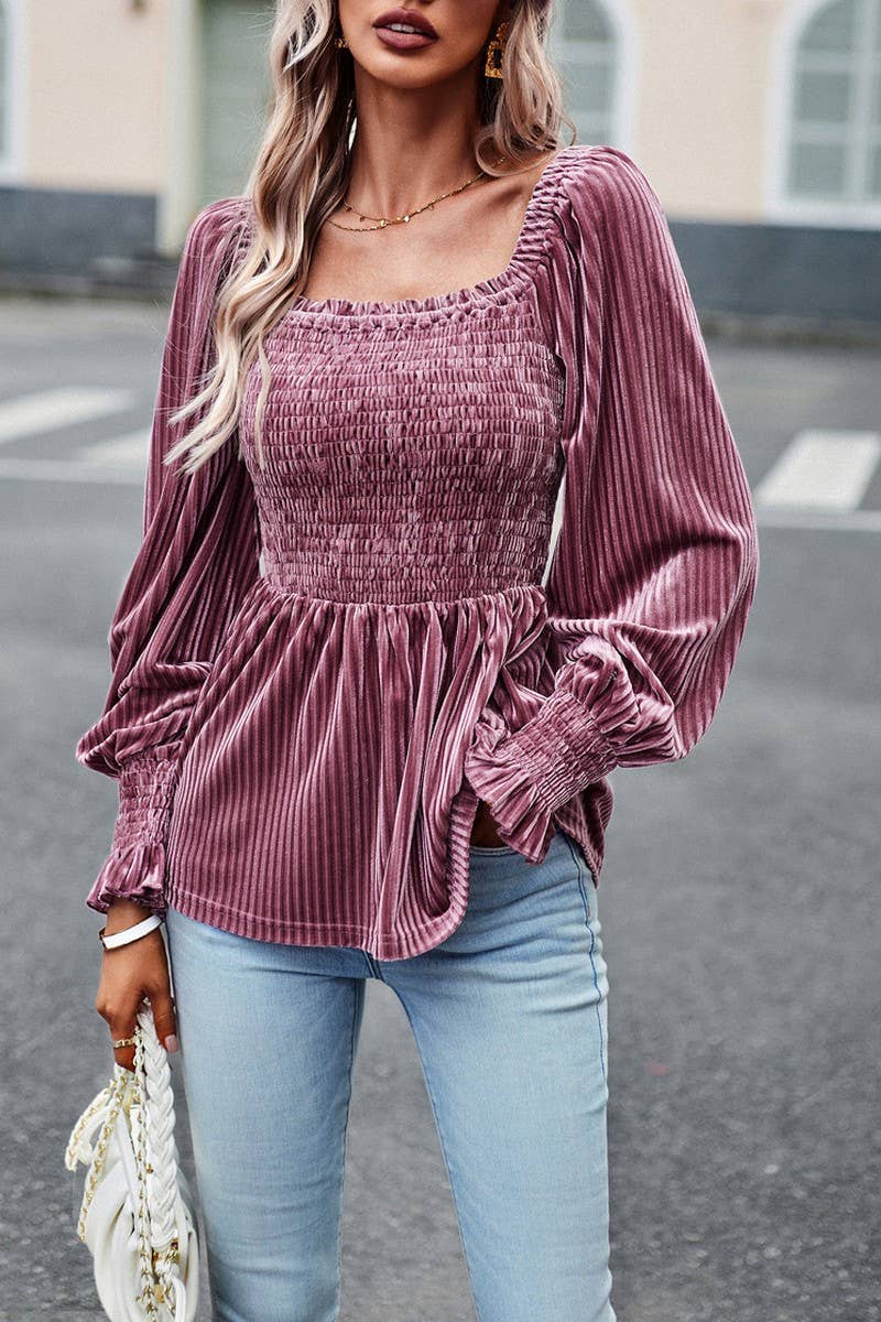 CWTBLL0391_Squre Neck Long Sleeve Smocking Detailed Top