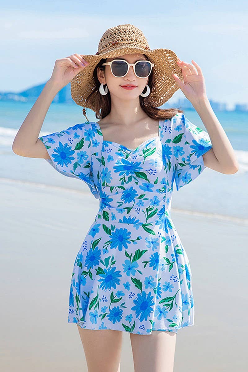 CWMW0866_FLORAL SLIM SHORT SLEEVE ONE-PIECE SWIMSUIT DRESS