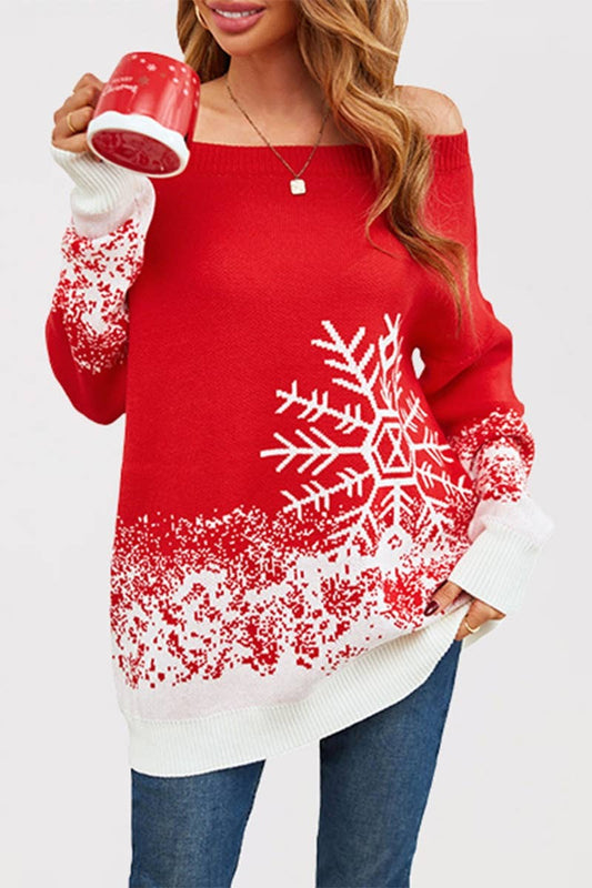 CWOSWL5837_CHRISTMAS LONG-SLEEVED SNOWFLAKE SHOULDER SWEATER
