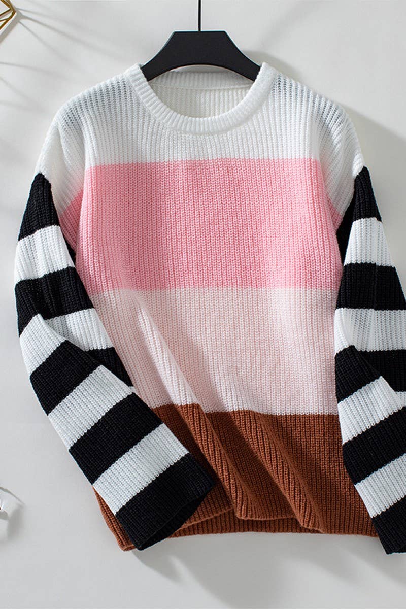 CWOSWL2883_CREW NECK CONTRAST STRIPE KNIT SWEATER_