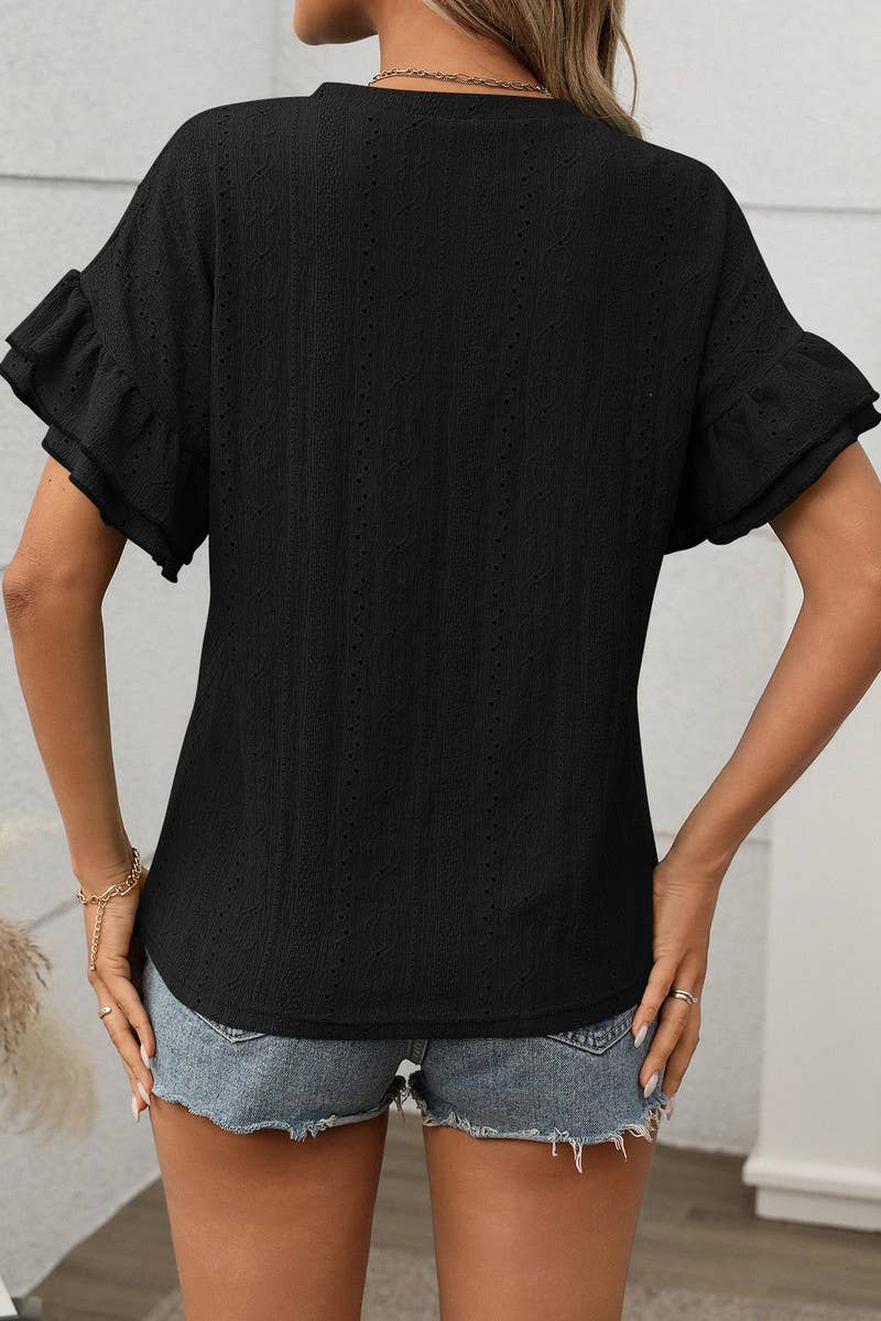 CWTBLS1719_ROUND NECK RUFFLE SLEEVE SHORT SLEEVE T-SHIRT TOP