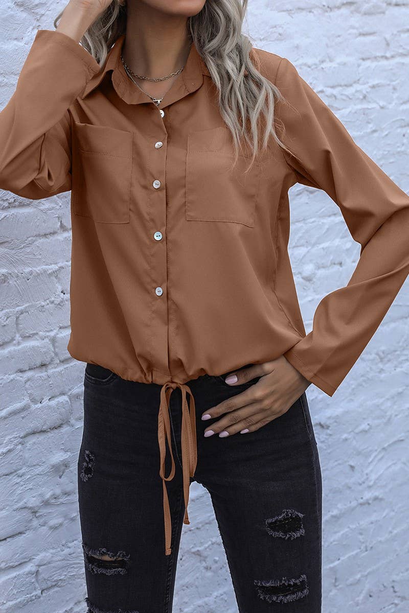 CWTSTL00958_LAPEL DRAWSTRING LONG SLEEVE SOLID SHIRT