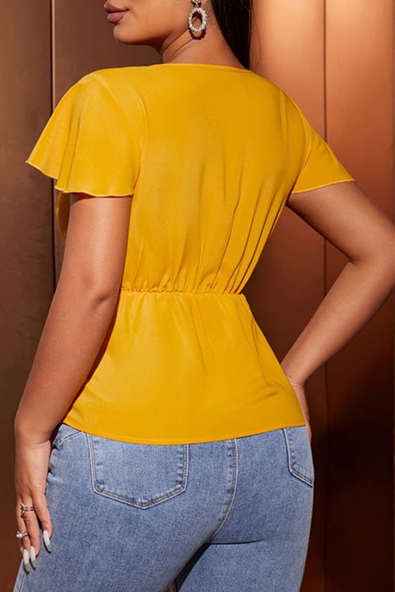 CWTTS1407_V-NECK NEW CASUAL WAIST FLYING SLEEVE T-SHIRT