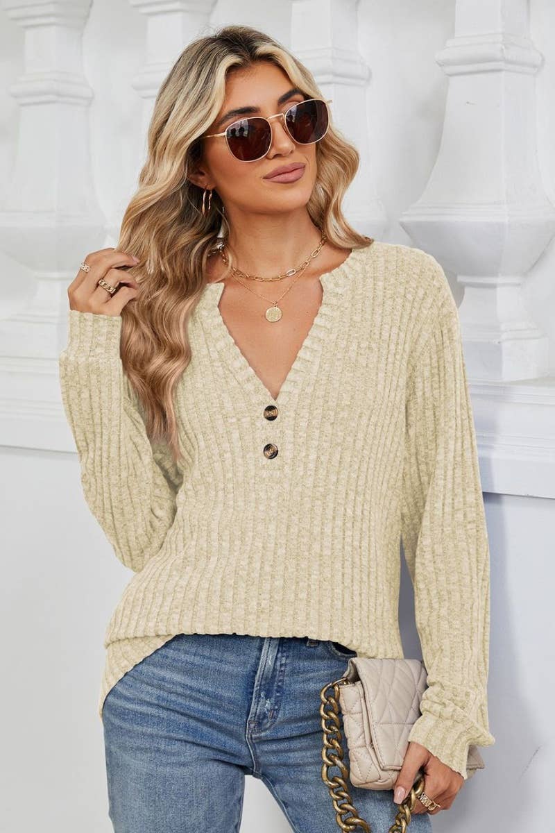 CWOSWL6561_V-NECK BUTTON-UP LONG-SLEEVED SWEATER