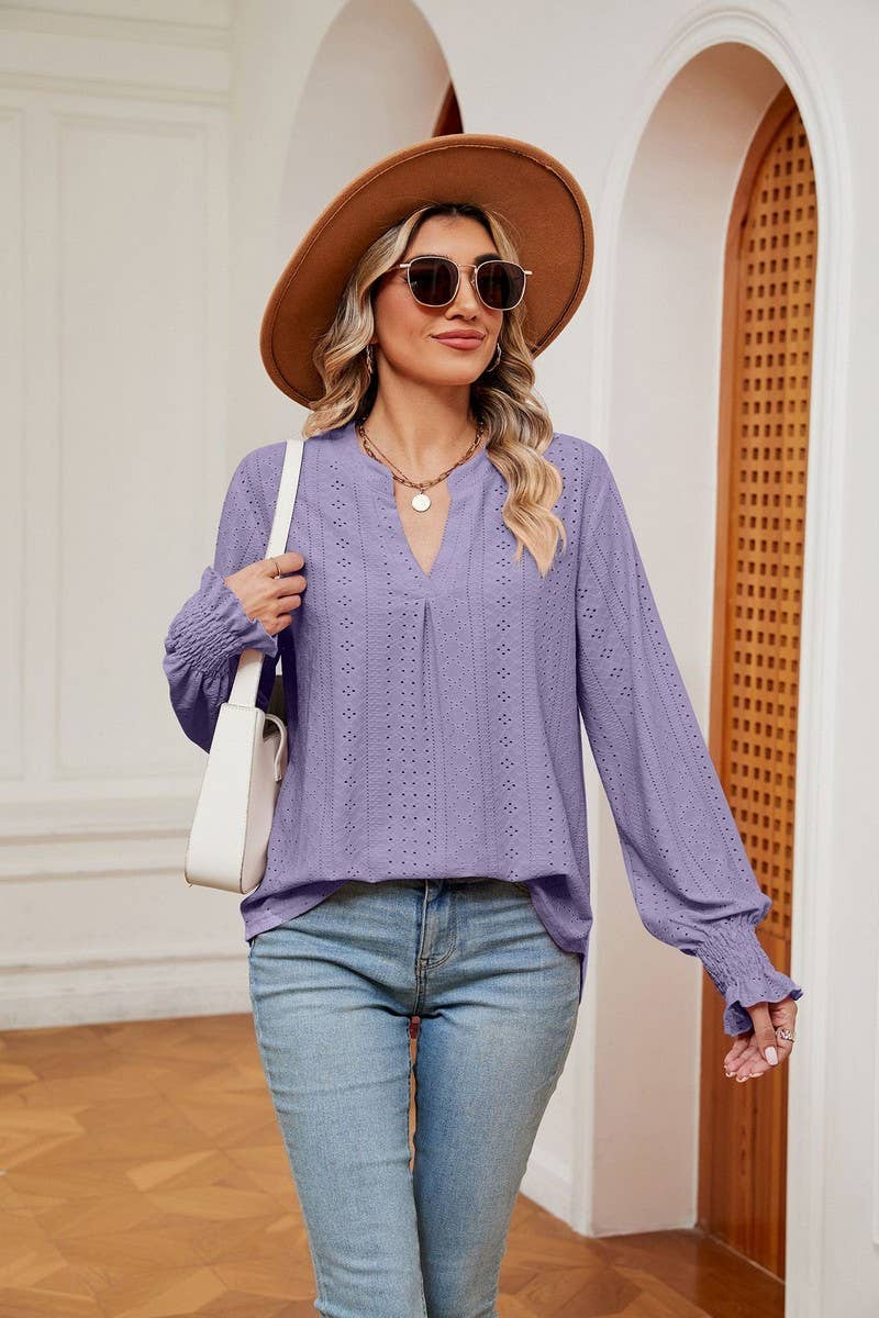 CWTBLL2377_SOLID COLOR V-NECK LOOSE LONG-SLEEVED PULLOVER