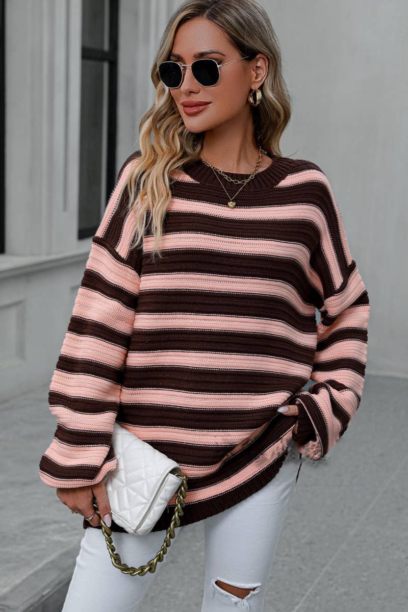 CWOSWL6517_KNITTED CREW-NECK STRIPED LONG-SLEEVED SWEATER