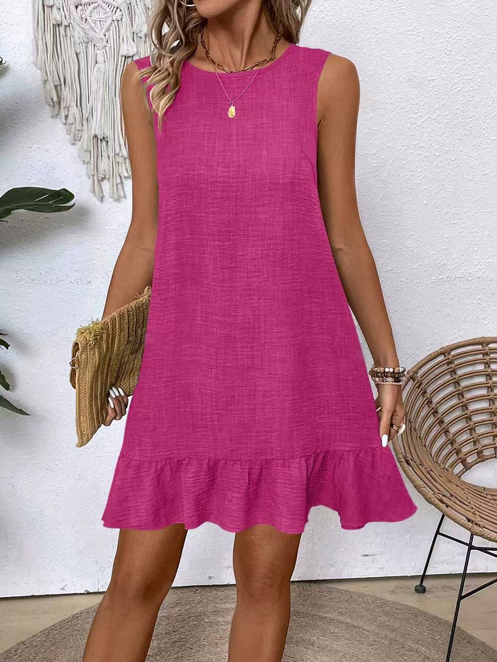 Casual tank solid color dress with lace ruffles