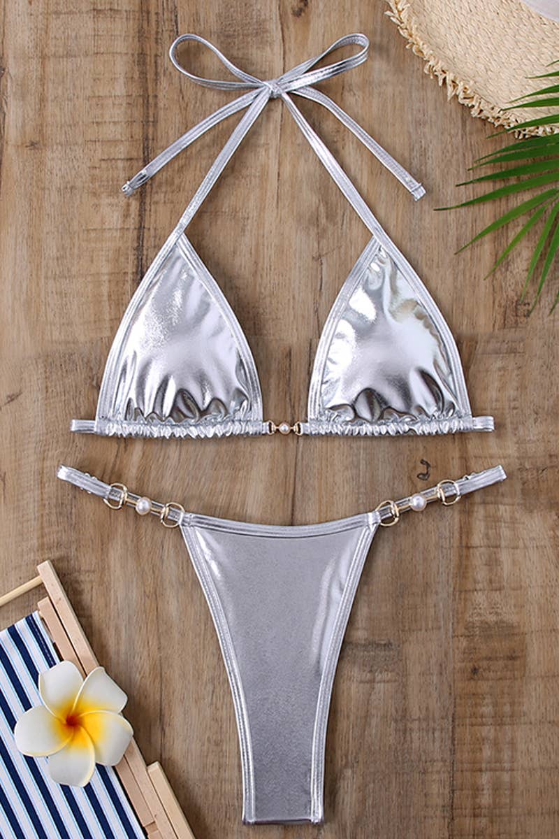 CWMW0799_WOMEN'S TWO-PIECE SHINY SWIMSUIT