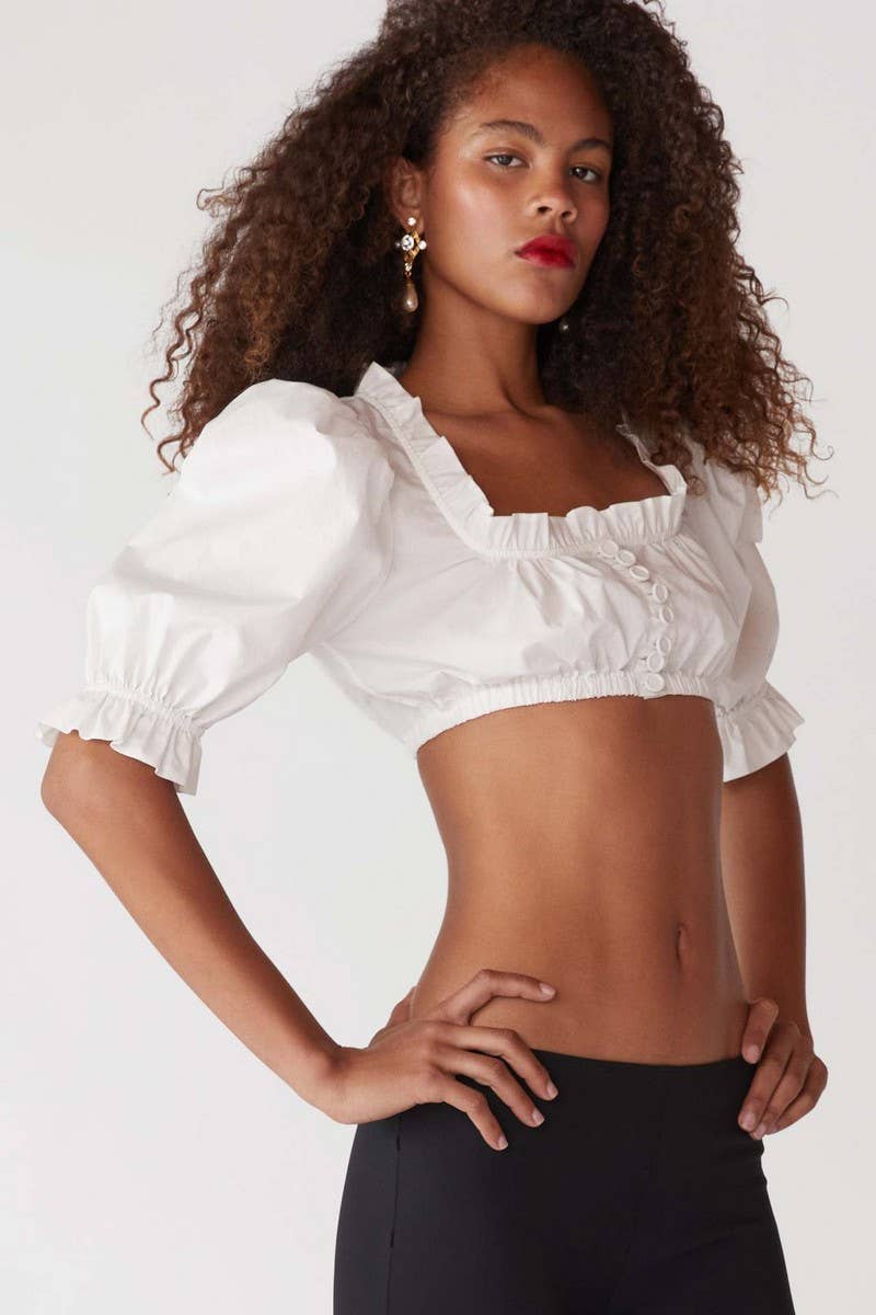 CWTBLS2074_DECORATIVE BUTTON RUFFLED CASUAL SHORT TOP