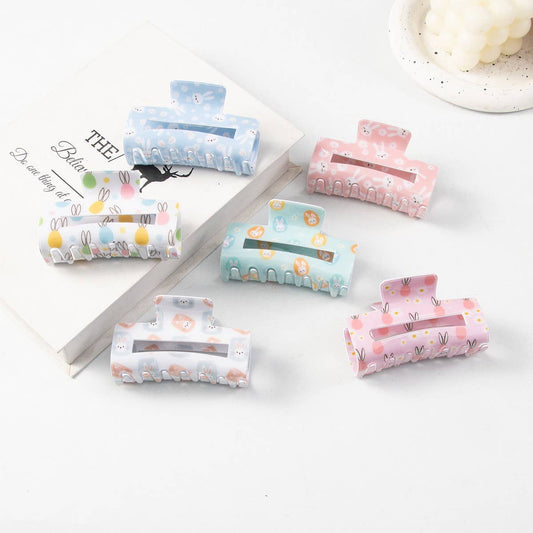 CWAHA1439_BUNNY HEAD PRINT RECTANGULAR LARGE HAIR CLAW CLIP