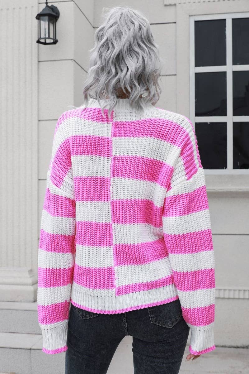 CWOSWL6405_WINTER STRIPED PLAID LONG-SLEEVED SWEATER