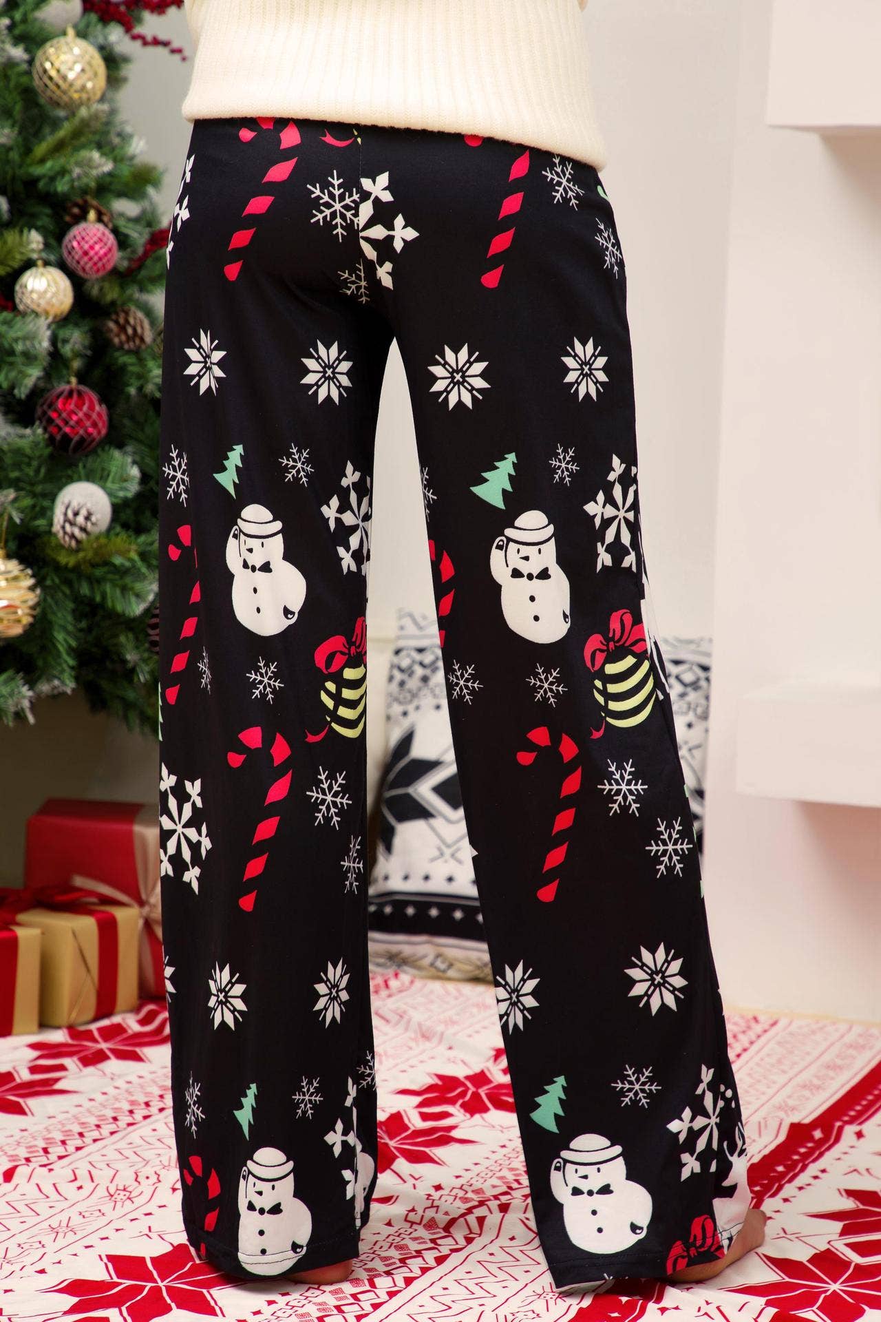 Christmas print patchwork lace-up wide-leg pants