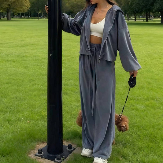 Casual velvet zipper hooded wide-leg pants set