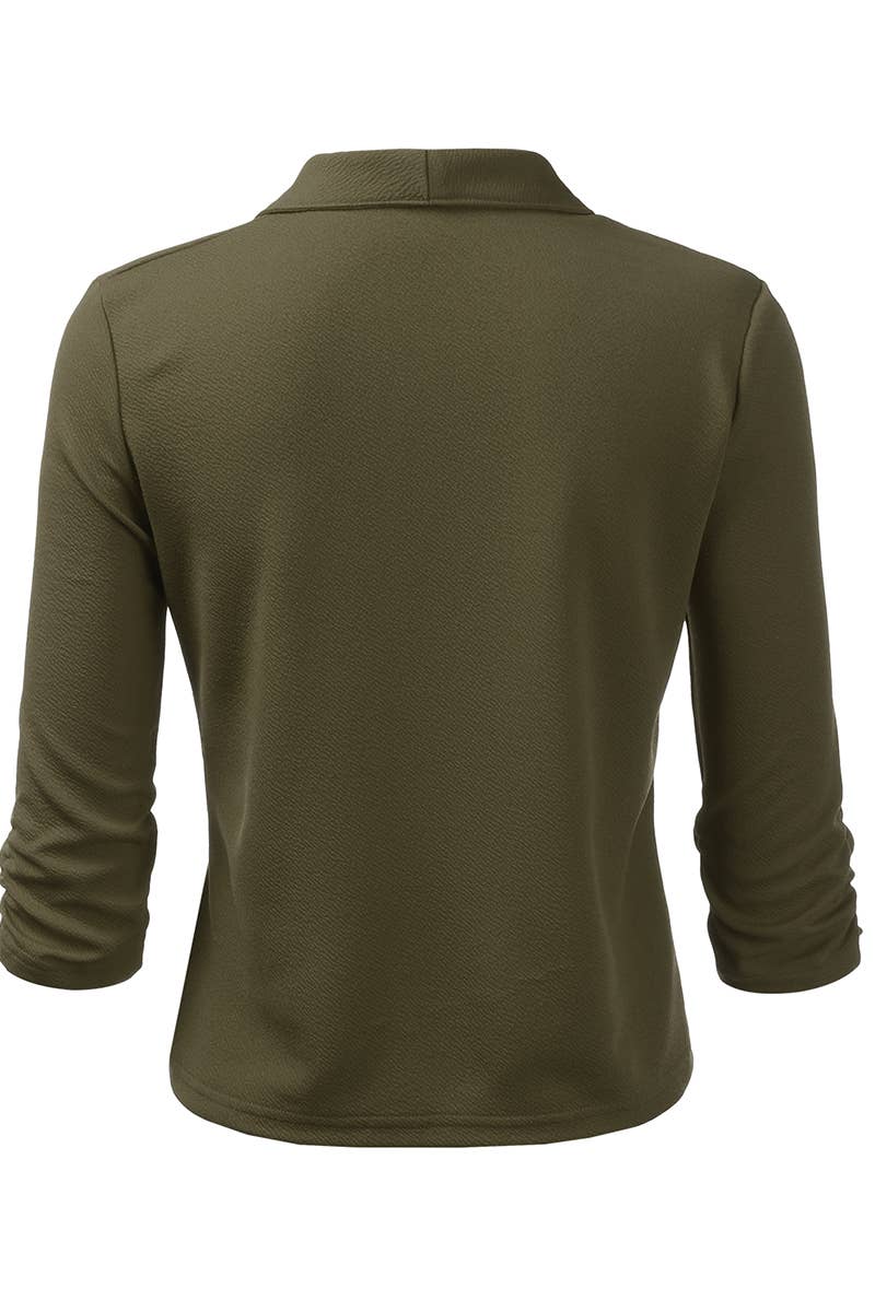 CWOBL091_Casual Work Ruched 3/4 Slv Open Front Blazer Jacket