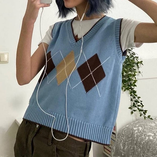 BLUE V-NECK SWEATER KNIT SHIRT SLEEVELESS VEST