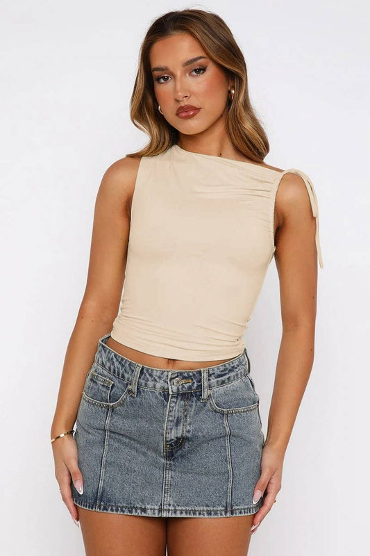 CWTBLSL0796_ASYMMETRICAL STRAP DRAWSTRING RUCHED CROPPED TOP