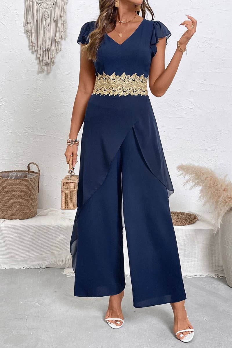 CWSJS1760_SOLID LACE TRIM V-NECK SHORT SLEEVE JUMPSUIT