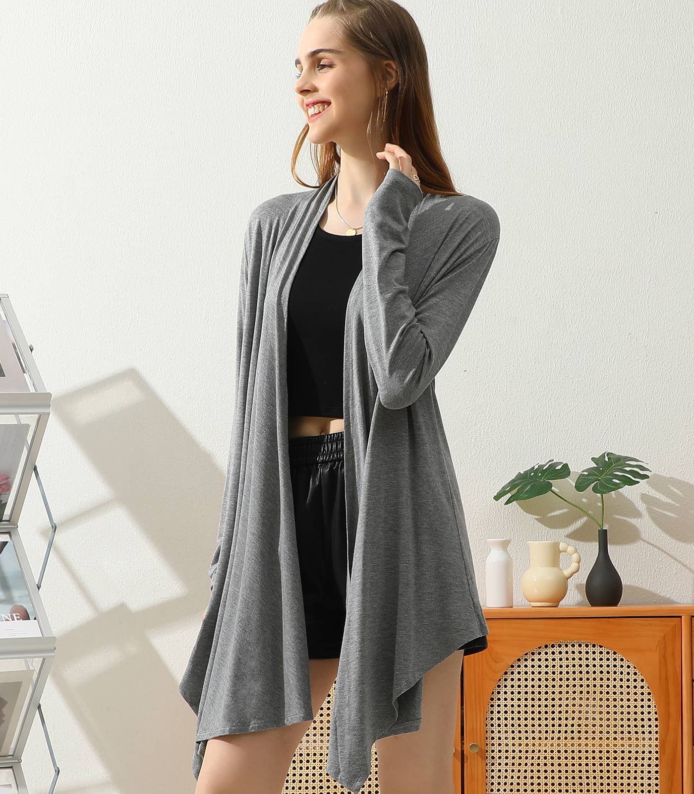 AWTL073_Long Sleeve Casual Open Front Long Cardigan