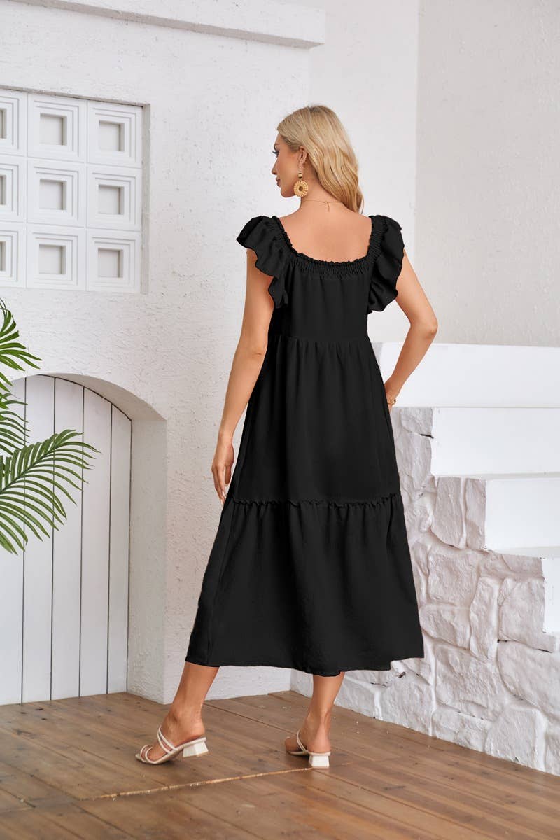 Fly-sleeve square neck off-the-shoulder dress