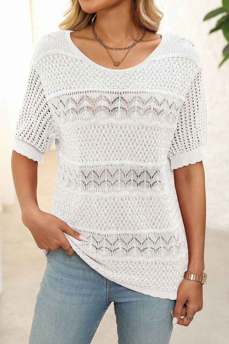 CWOSWS0128_CREW NECK HOLLOW KNIT CROCHET SHORT SLEEVE TOP