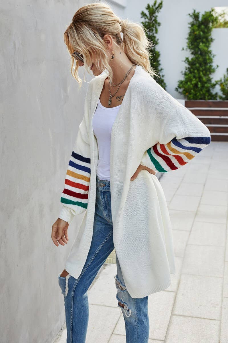 CWOCAL0924_STRIPED MID-LENGTH KNITTED CARDIGAN SWEATER