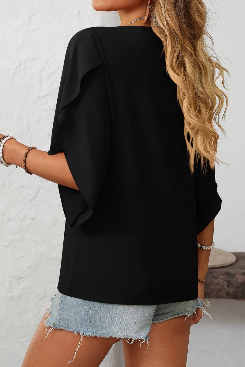 CWTBLS1711_CASUAL OBLIQUE V-NECK CHIFFON BUD SLEEVE TOP