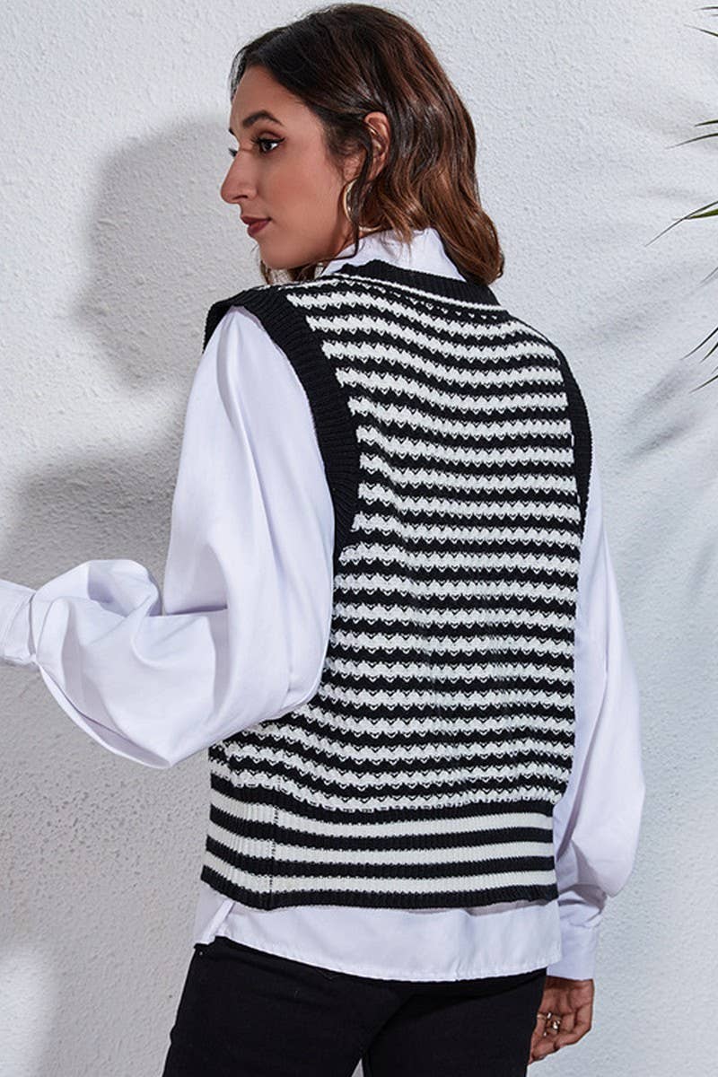CWOV0488_STRIPED KNITTED CARDIGAN SWEATER VEST