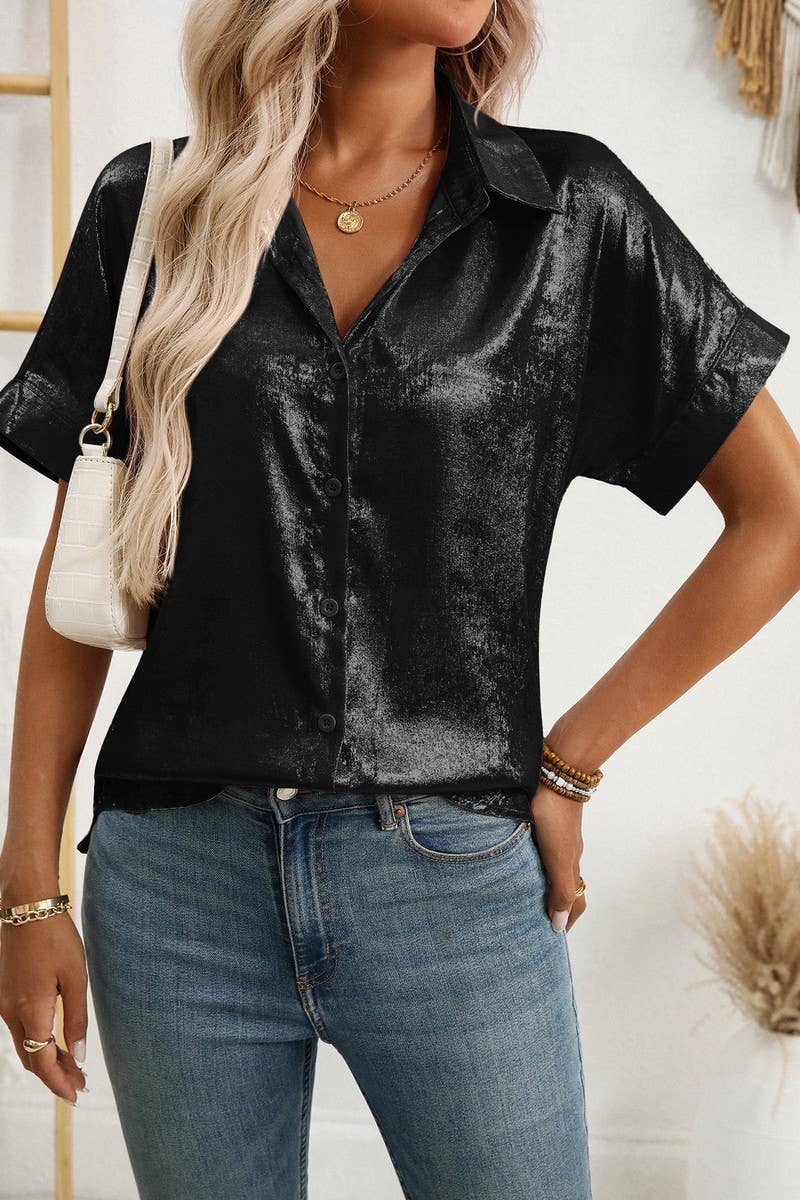 CWTBLS2257_METALLIC COLLARED SHORT SLEEVE RELAXED SHIRT