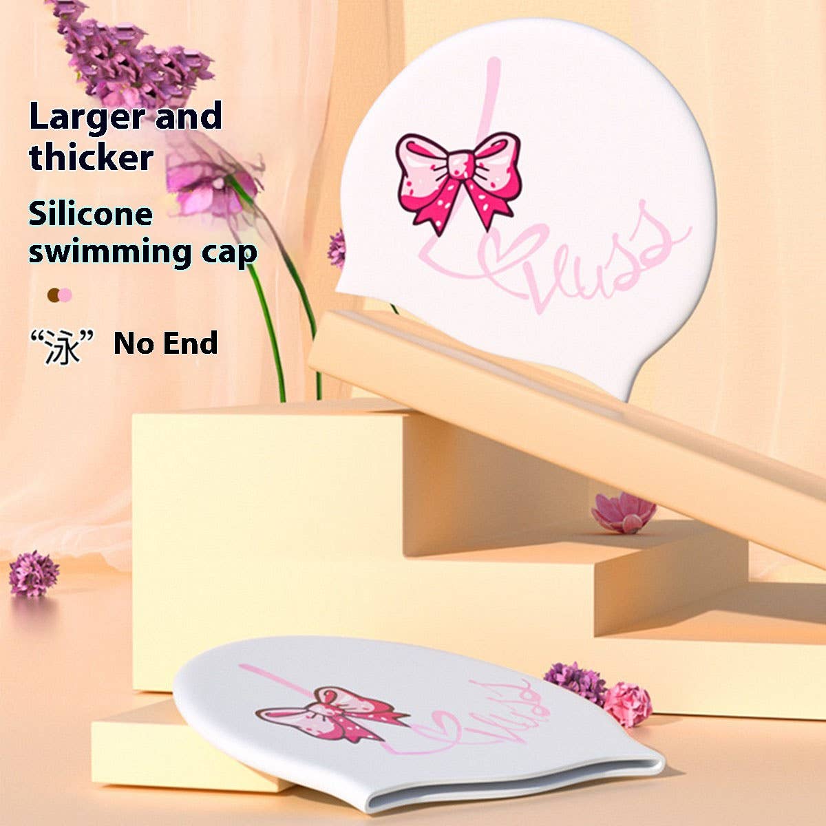 Silicone Swim Cap for Long Hair, Large Print