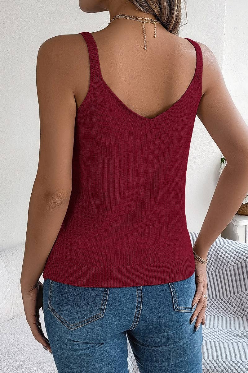 CWOV0285_KNITTED HOLLOWED-OUT METAL BUCKLE HALTER TOP