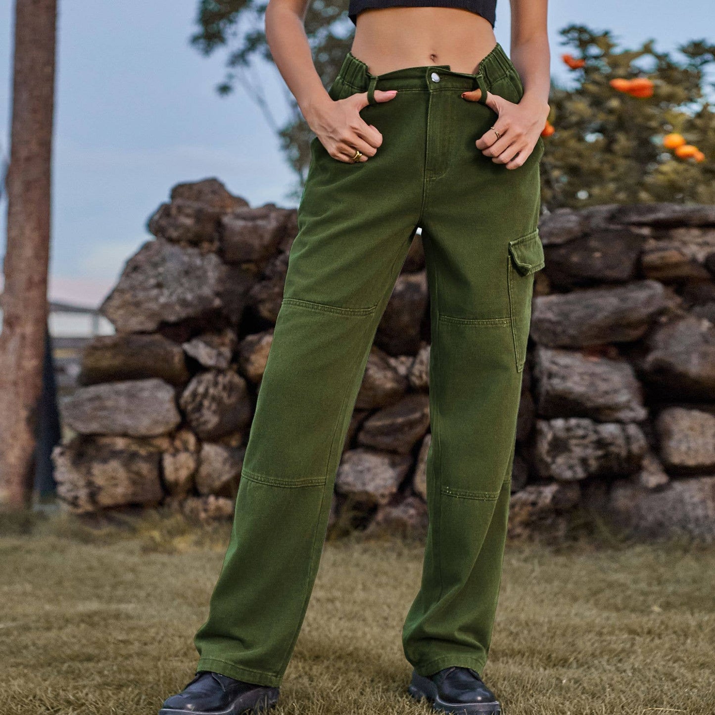 ELASTIC-WAISTED DENIM CARGO CASUAL PANTS